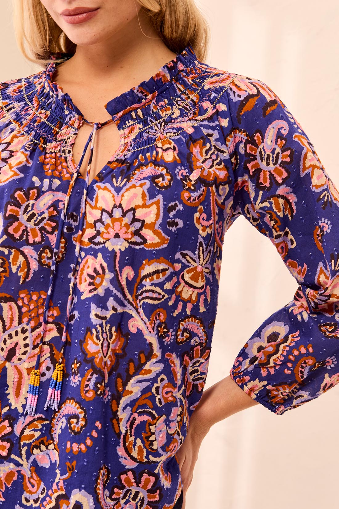 Tribal Blouse with Fancy Embroidery & Tassel | Electric Blue