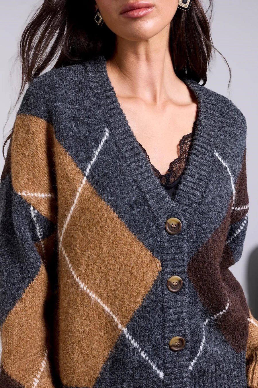 Tribal Blue Thread Diamond Pattern Button Front Knit Cardigan