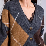 Tribal Blue Thread Diamond Pattern Button Front Knit Cardigan - Juli's Wearable Art