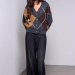Tribal Blue Thread Diamond Pattern Button Front Knit Cardigan - Juli's Wearable Art