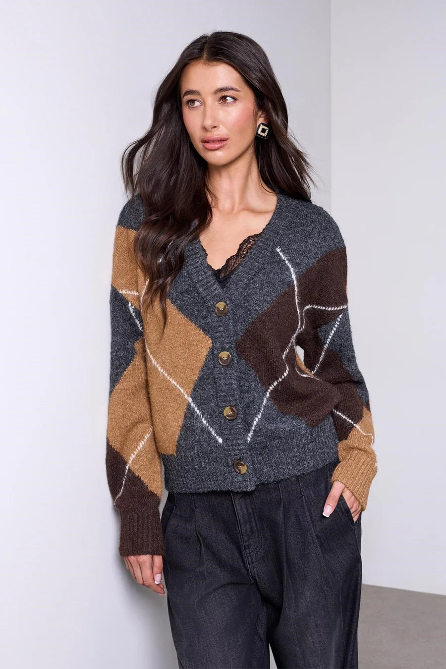 Tribal Blue Thread Diamond Pattern Button Front Knit Cardigan