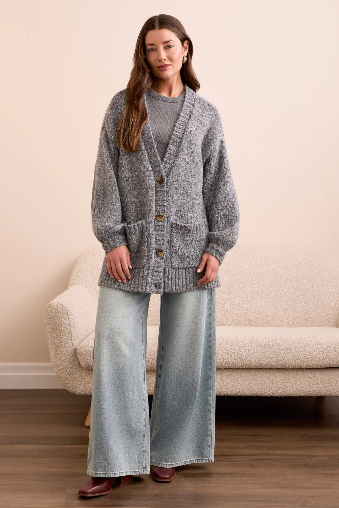 Tribal Blue Thread Oversize Puff Sleeve Sweater Cardigan – Heathered Charcoal - Juli's Wearable Art