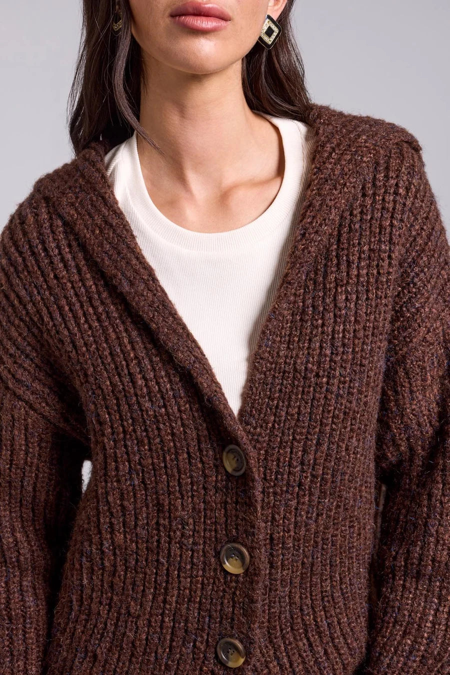 Tribal Blue Thread Oversized Ribbed Knit Cardigan | Heather Chocolate