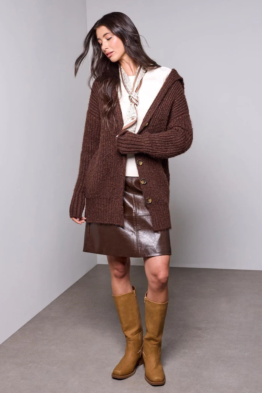 Tribal Blue Thread Oversized Ribbed Knit Cardigan | Heather Chocolate