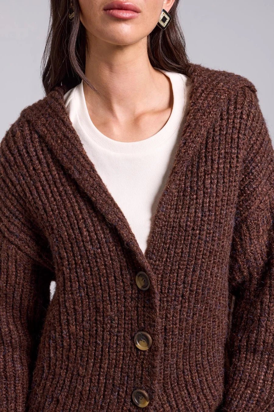 Tribal Blue Thread Oversized Ribbed Knit Cardigan | Heather Chocolate