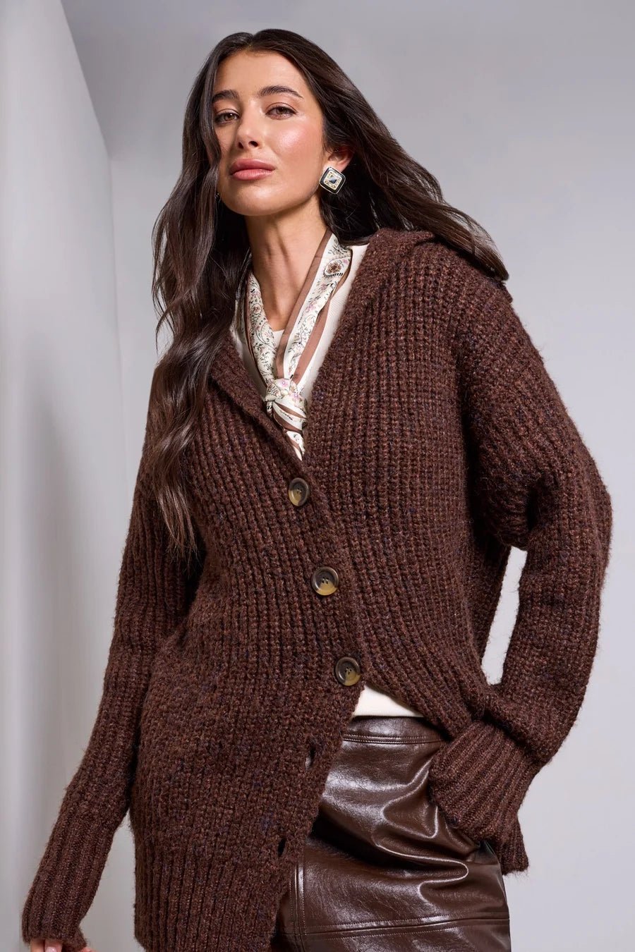 Tribal Blue Thread Oversized Ribbed Knit Cardigan | Heather Chocolate - Juli's Wearable Art