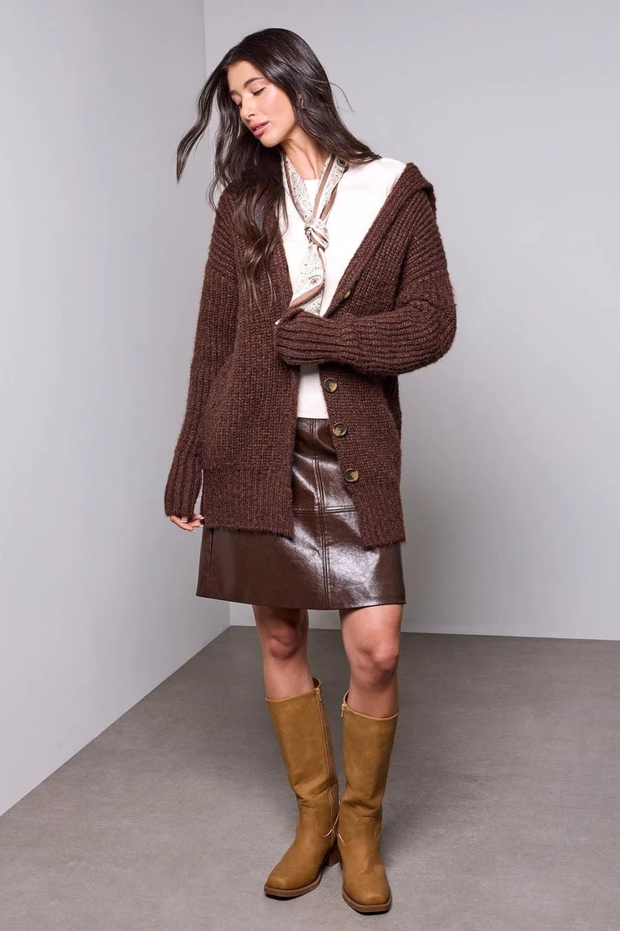 Tribal Blue Thread Oversized Ribbed Knit Cardigan | Heather Chocolate