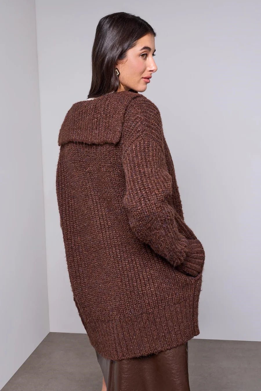 Tribal Blue Thread Oversized Ribbed Knit Cardigan | Heather Chocolate - Juli's Wearable Art