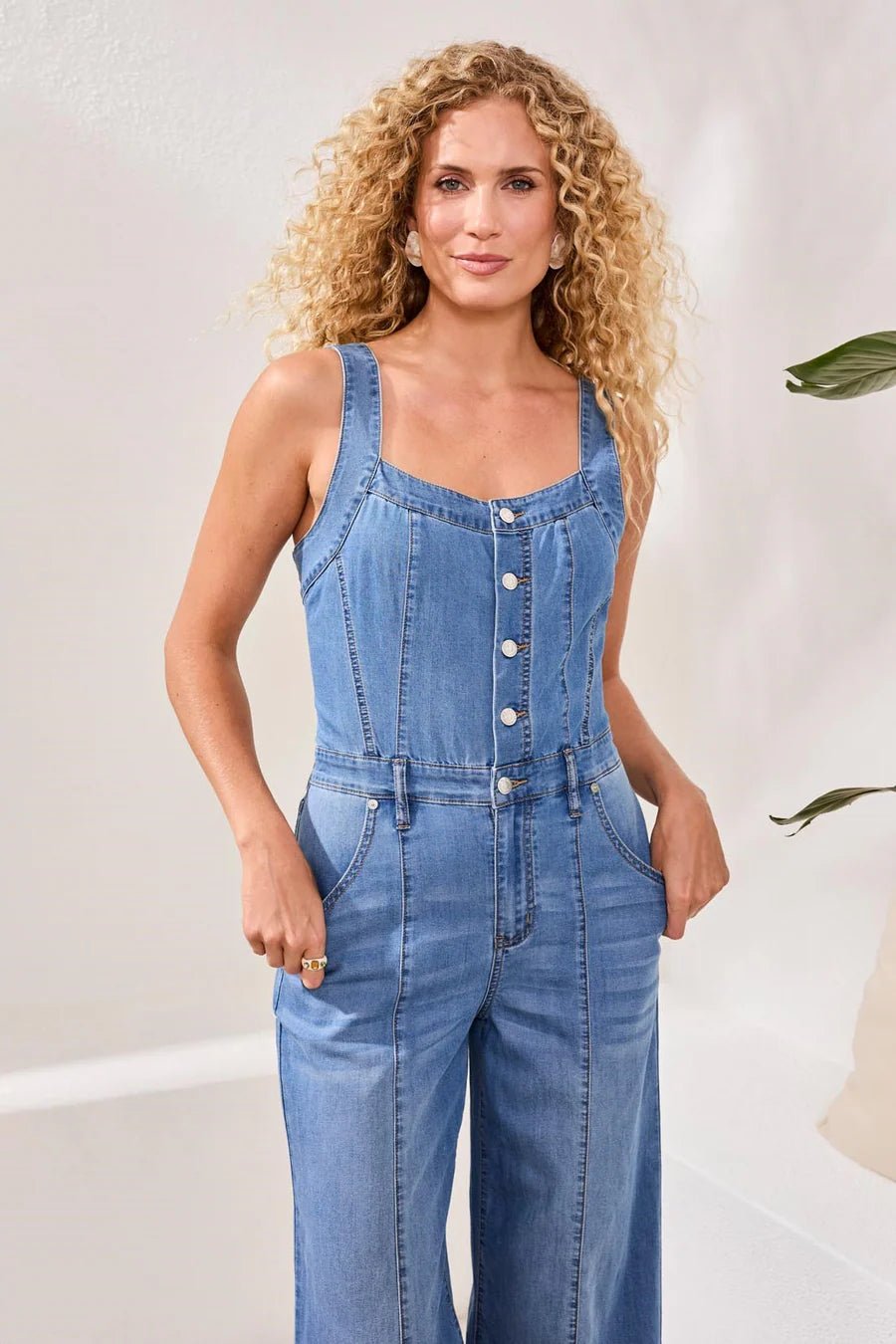 Tribal Blue Thread Tencel Wide Leg Jumpsuit | Amalfi Coast