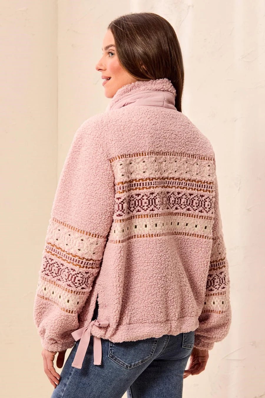 Tribal Bouclé Sherpa Embroidered Mock Neck Buttoned Jacket | Pink Frost - Juli's Wearable Art