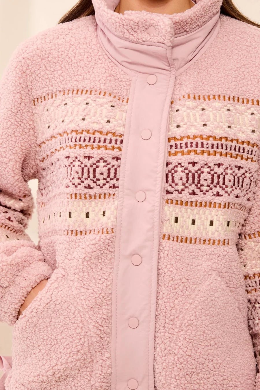 Tribal Bouclé Sherpa Embroidered Mock Neck Buttoned Jacket | Pink Frost