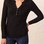 Tribal Brushed Waffle Knit Henley Long Sleeve Top | Black - Juli's Wearable Art