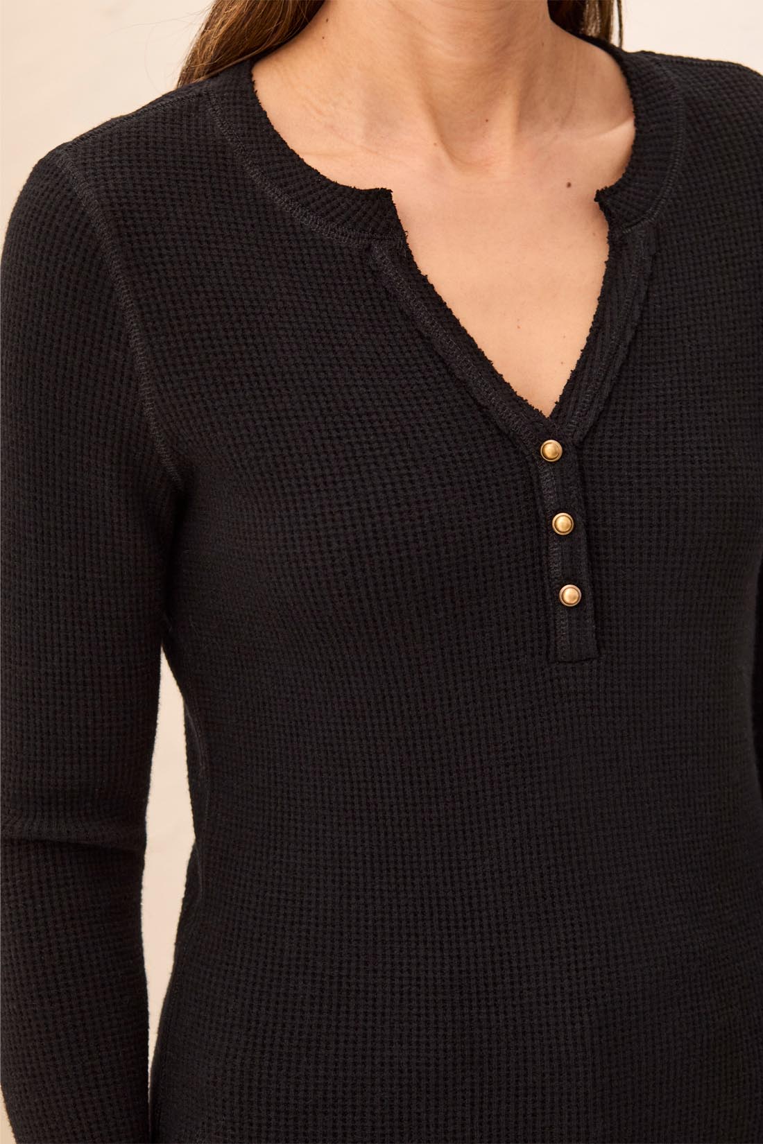 Tribal Brushed Waffle Knit Henley Long Sleeve Top | Black