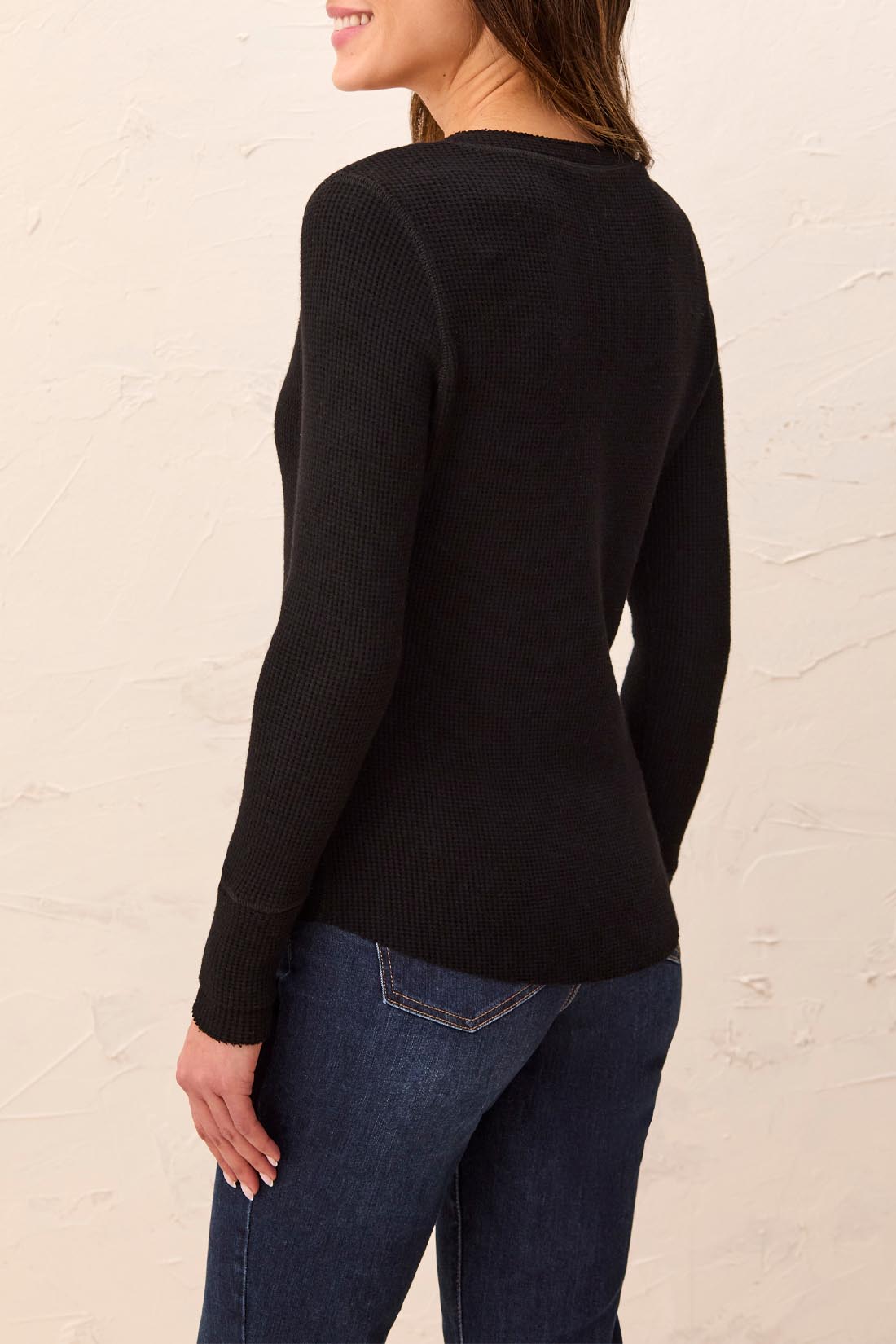 Tribal Brushed Waffle Knit Henley Long Sleeve Top | Black - Juli's Wearable Art