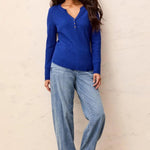 Tribal Brushed Waffle Knit Henley Long Sleeve Top | Electric Blue - Juli's Wearable Art