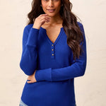 Tribal Brushed Waffle Knit Henley Long Sleeve Top | Electric Blue - Juli's Wearable Art
