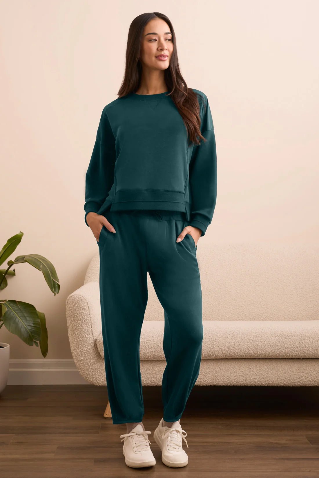 Tribal Butter Soft Sand Wash Hi - Low Hem Crew Neck Top - Silver Pine - Juli's Wearable Art