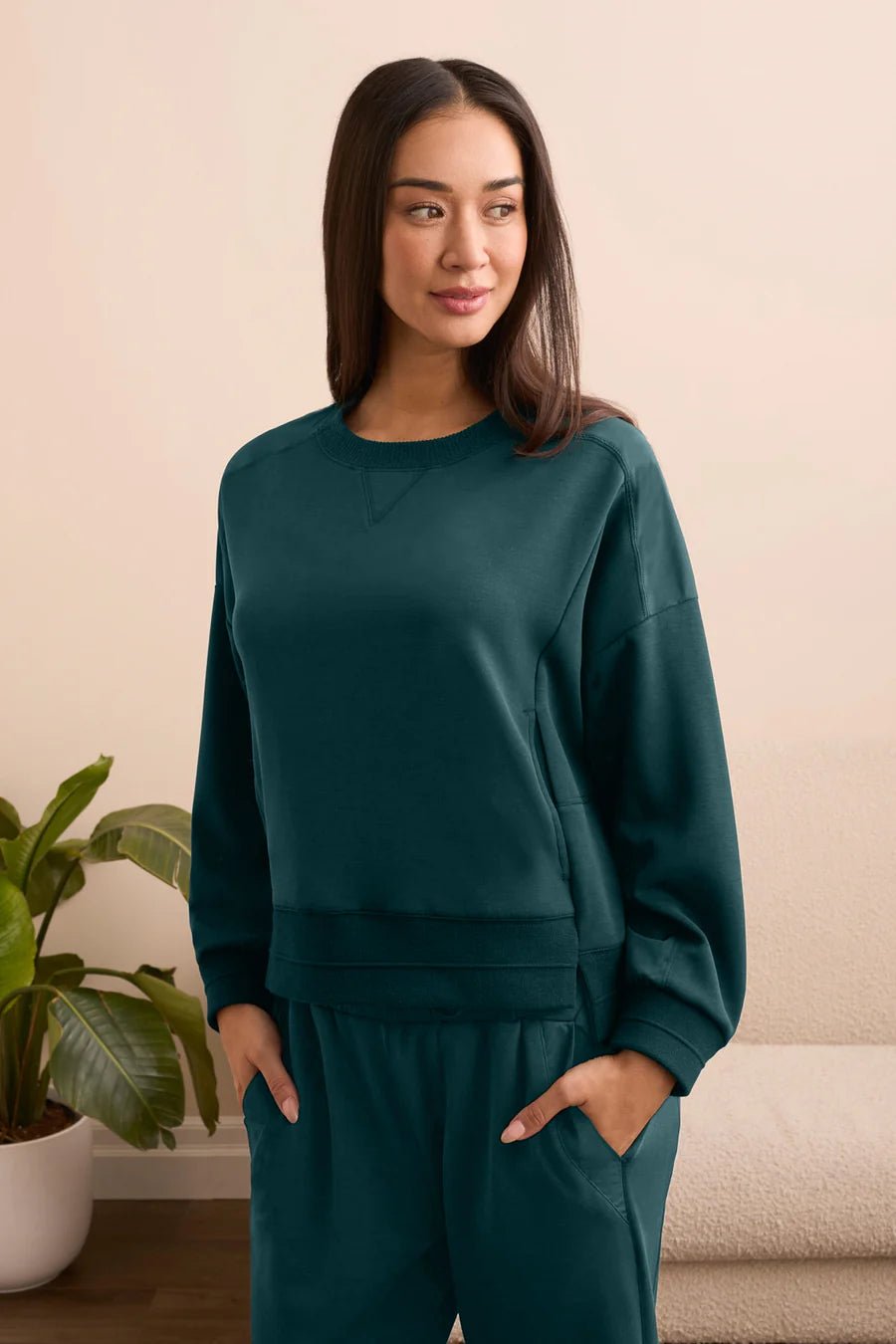 Tribal Butter Soft Sand Wash Hi-Low Hem Crew Neck Top- Silver Pine