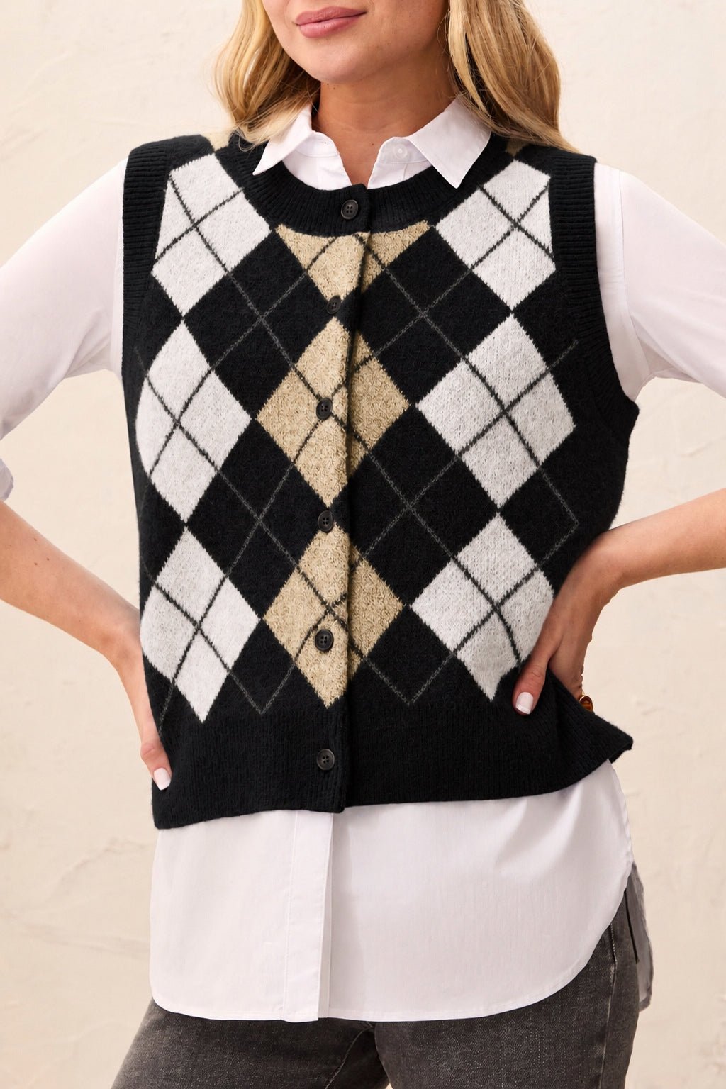 Tribal Button-Front Argyle Sweater Vest | Black