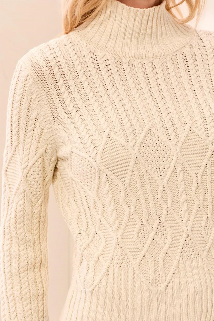 Tribal Cable Knit Mock Neck Special Wash Sweater | Antique White - Juli's Wearable Art
