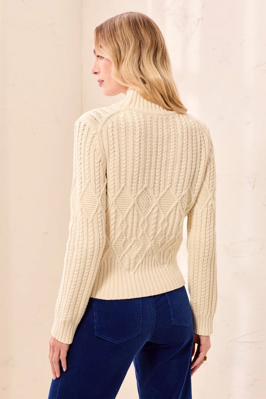 Tribal Cable Knit Mock Neck Special Wash Sweater | Antique White - Juli's Wearable Art