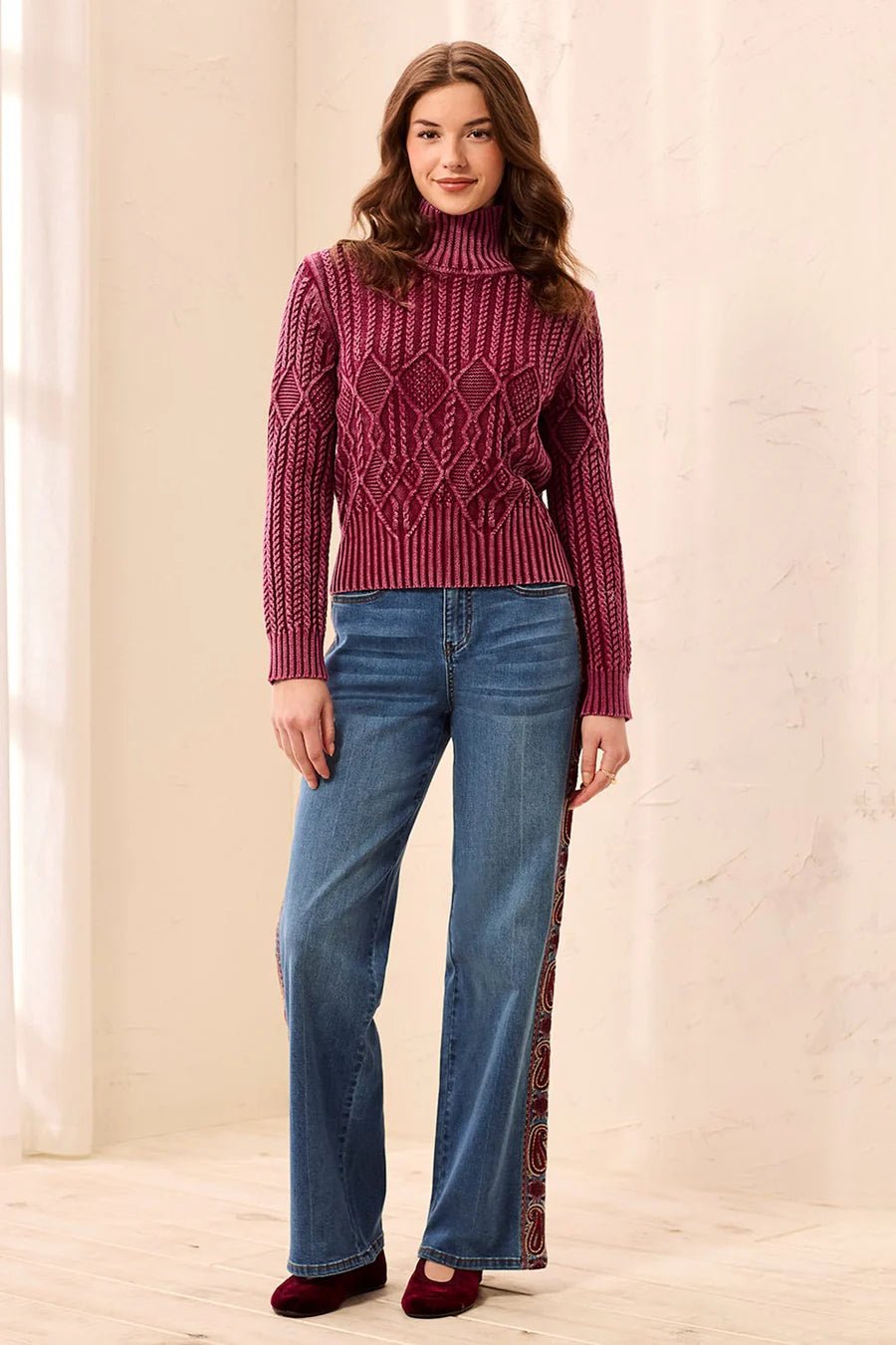 Tribal Cable Knit Mock Neck Special Wash Sweater | Cherry Lacquer