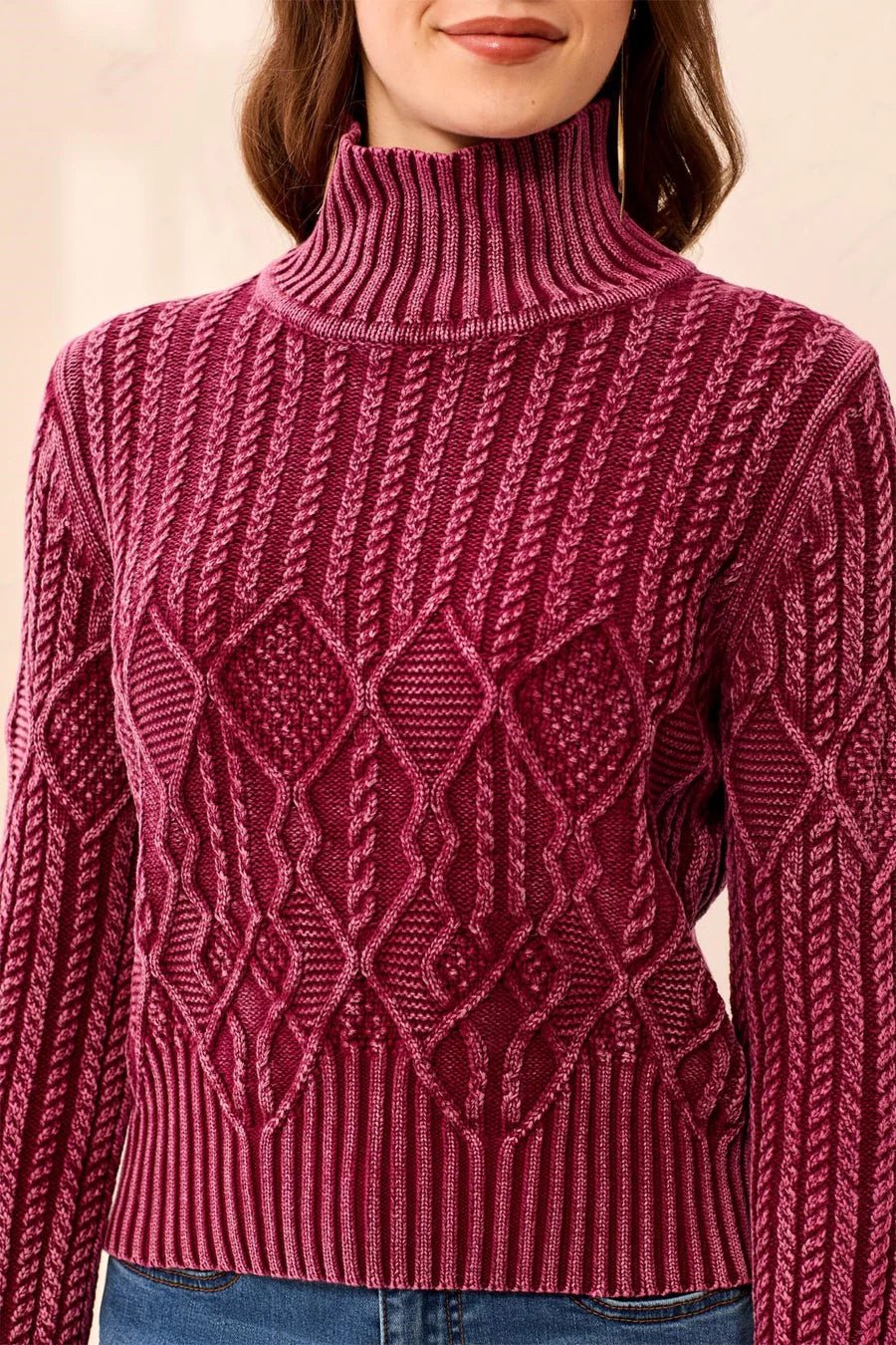 Tribal Cable Knit Mock Neck Special Wash Sweater | Cherry Lacquer - Juli's Wearable Art