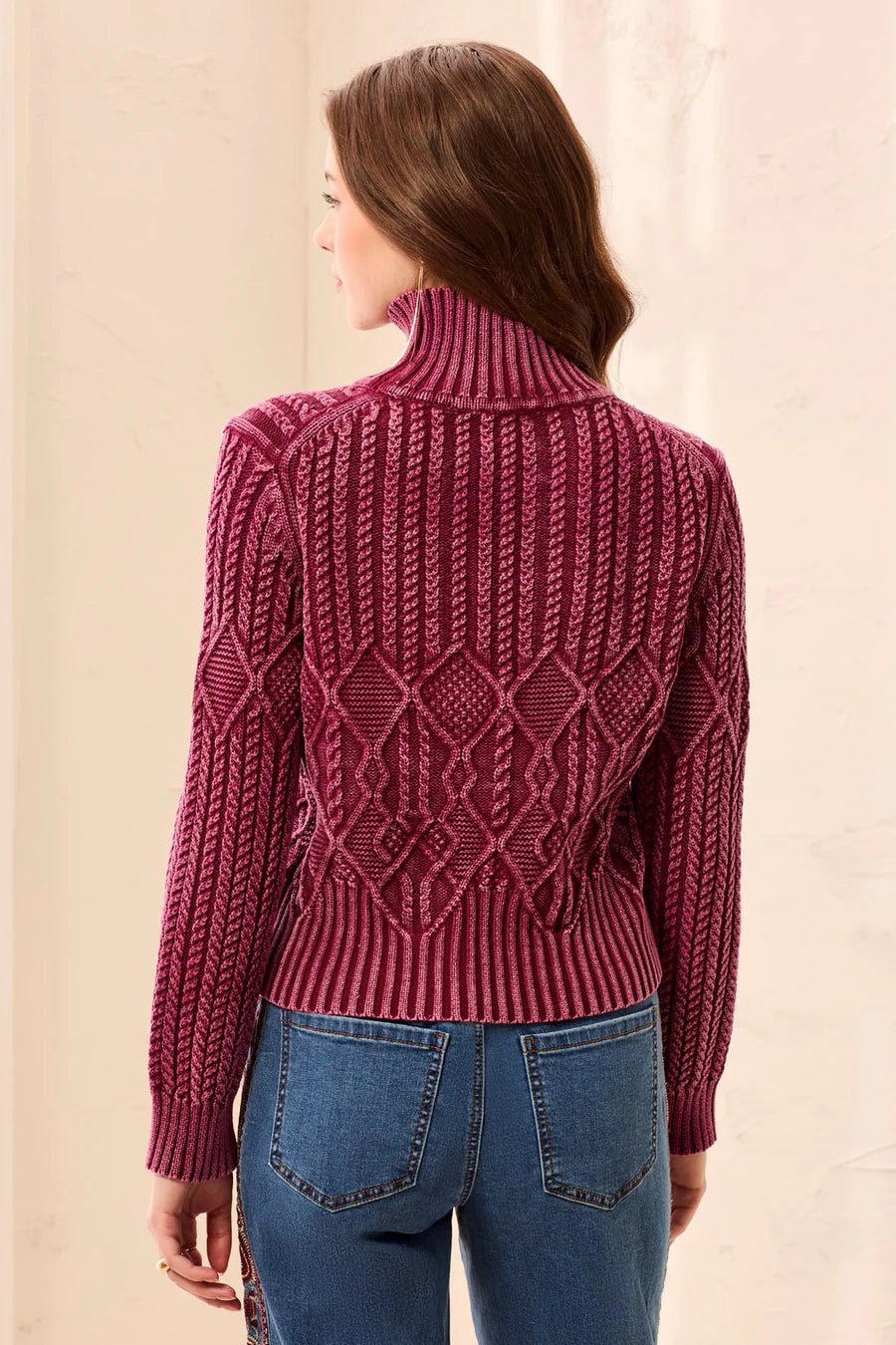 Tribal Cable Knit Mock Neck Special Wash Sweater | Cherry Lacquer - Juli's Wearable Art