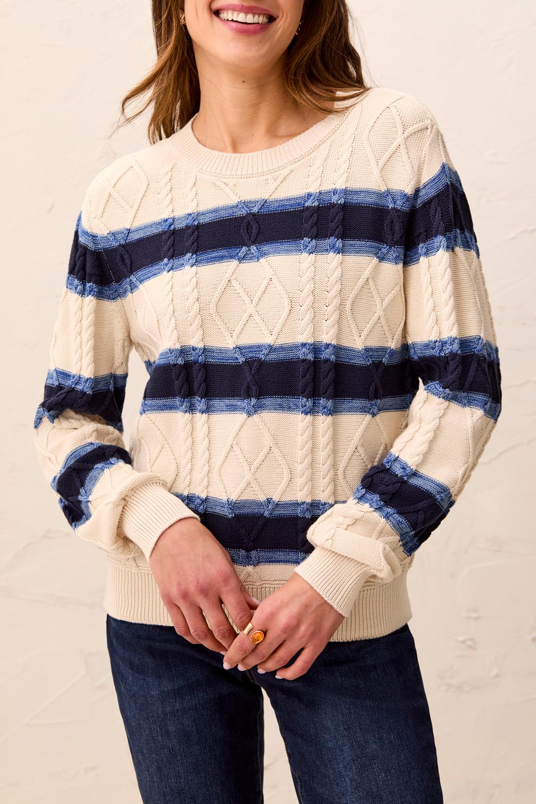 Tribal Cable Knit Stripe Crew Neck Cotton Sweater | Stellar