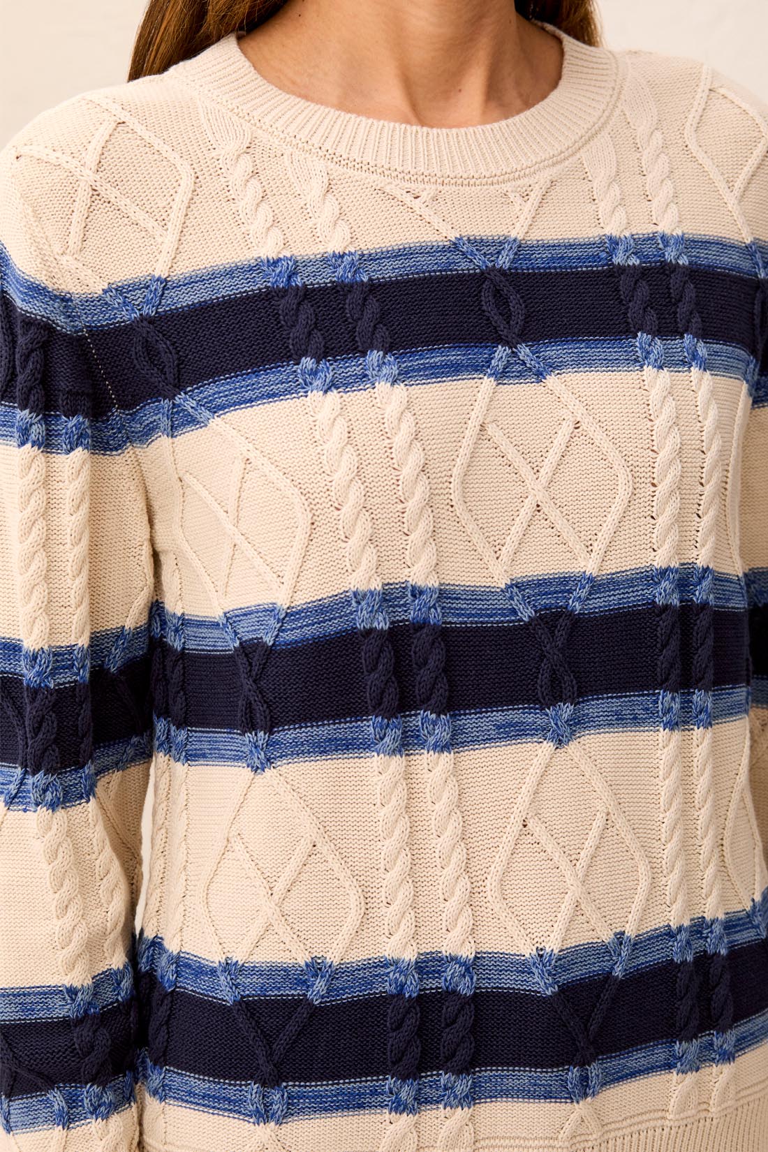 Tribal Cable Knit Stripe Crew Neck Cotton Sweater | Stellar