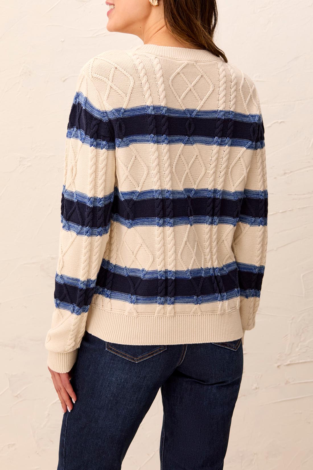 Tribal Cable Knit Stripe Crew Neck Cotton Sweater | Stellar - Juli's Wearable Art