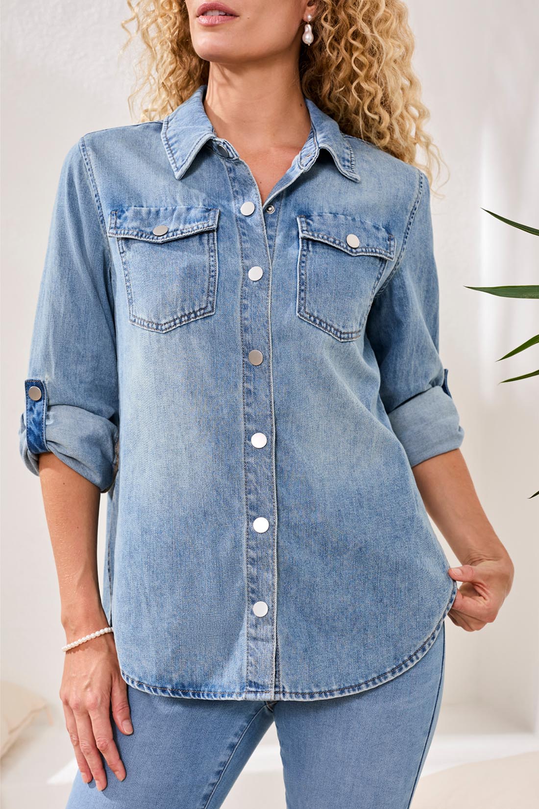 Tribal Classic Denim Shirt with Roll - Up Sleeves - Juli's Wearable Art