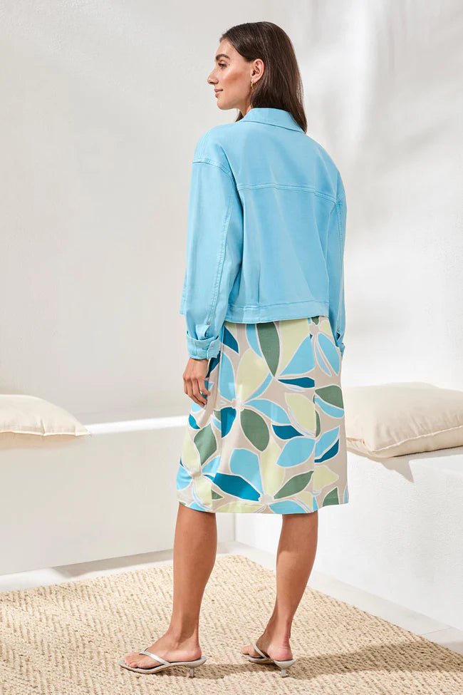 Tribal Comfort Stretch Denim Button - Front Jacket | Aqua Sky - Juli's Wearable Art