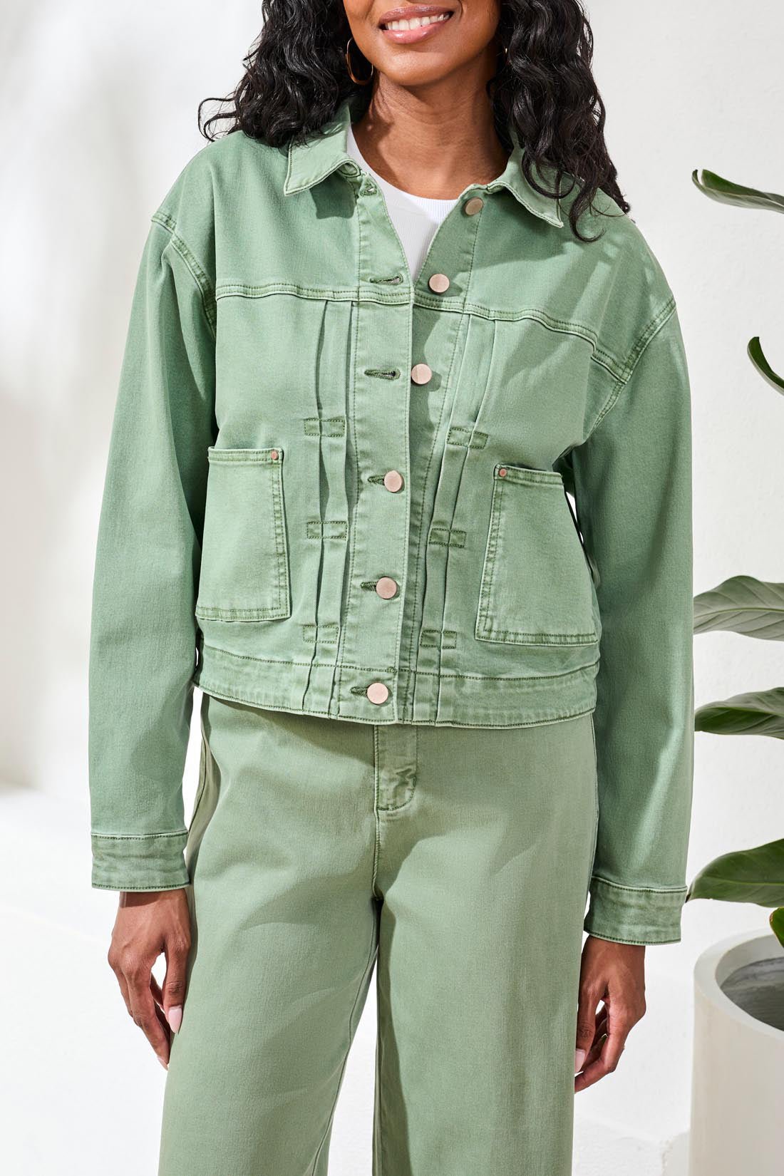 Tribal Comfort Stretch Denim Button - Front Jacket | Moss - Juli's Wearable Art