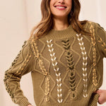 Tribal Contrast Lace-Up Cable Knit Crew Neck Sweater | Aloe - Juli's Wearable Art
