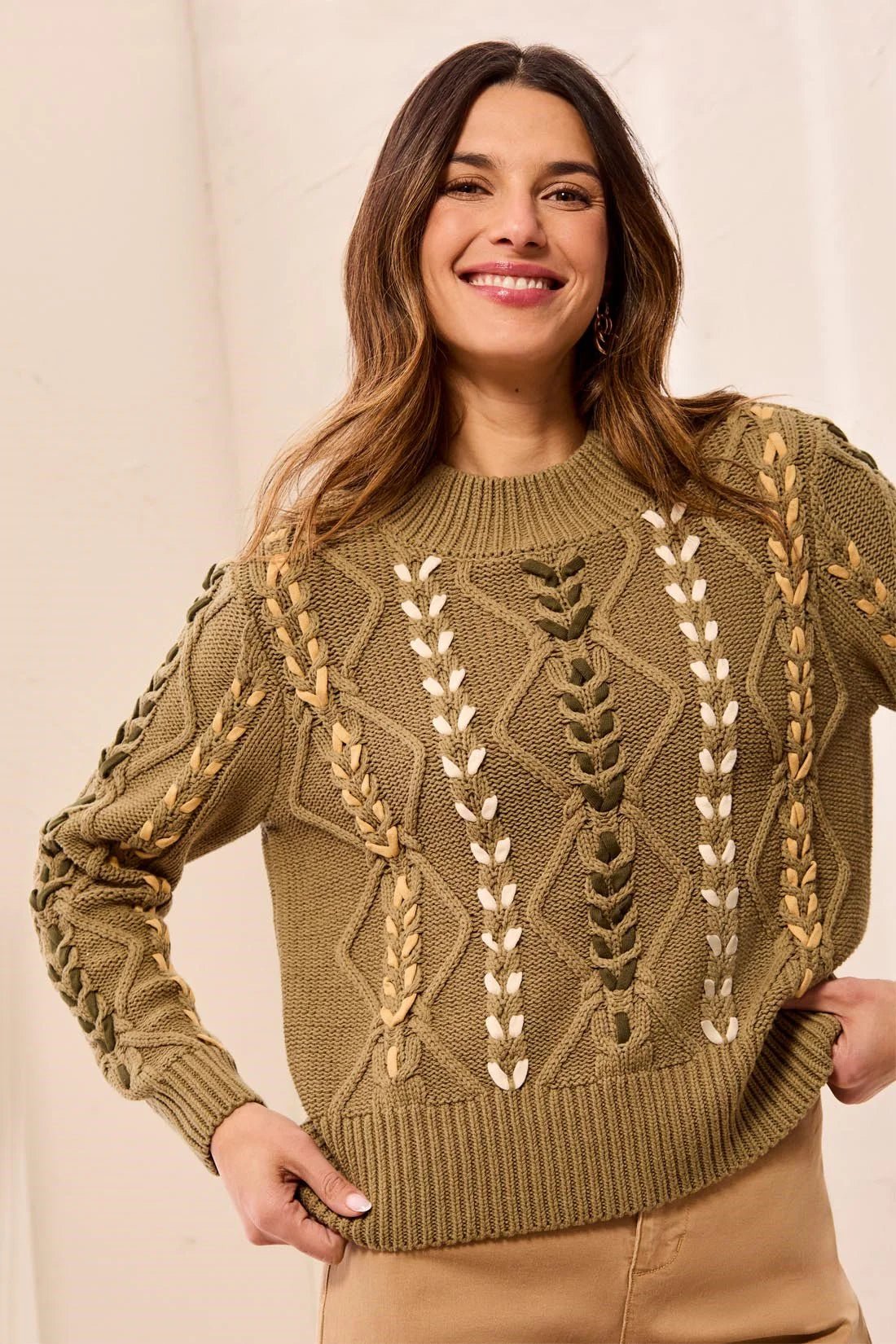 Tribal Contrast Lace-Up Cable Knit Crew Neck Sweater | Aloe - Juli's Wearable Art