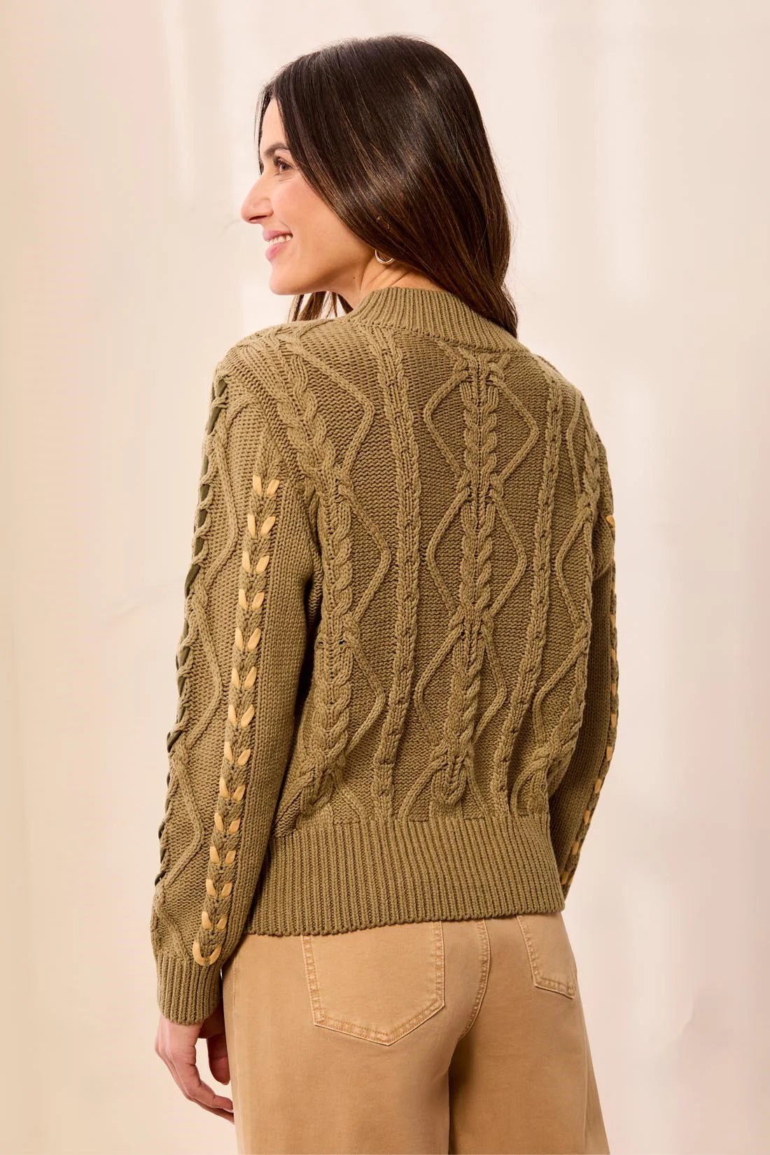 Tribal Contrast Lace-Up Cable Knit Crew Neck Sweater | Aloe - Juli's Wearable Art