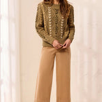 Tribal Contrast Lace-Up Cable Knit Crew Neck Sweater | Aloe - Juli's Wearable Art