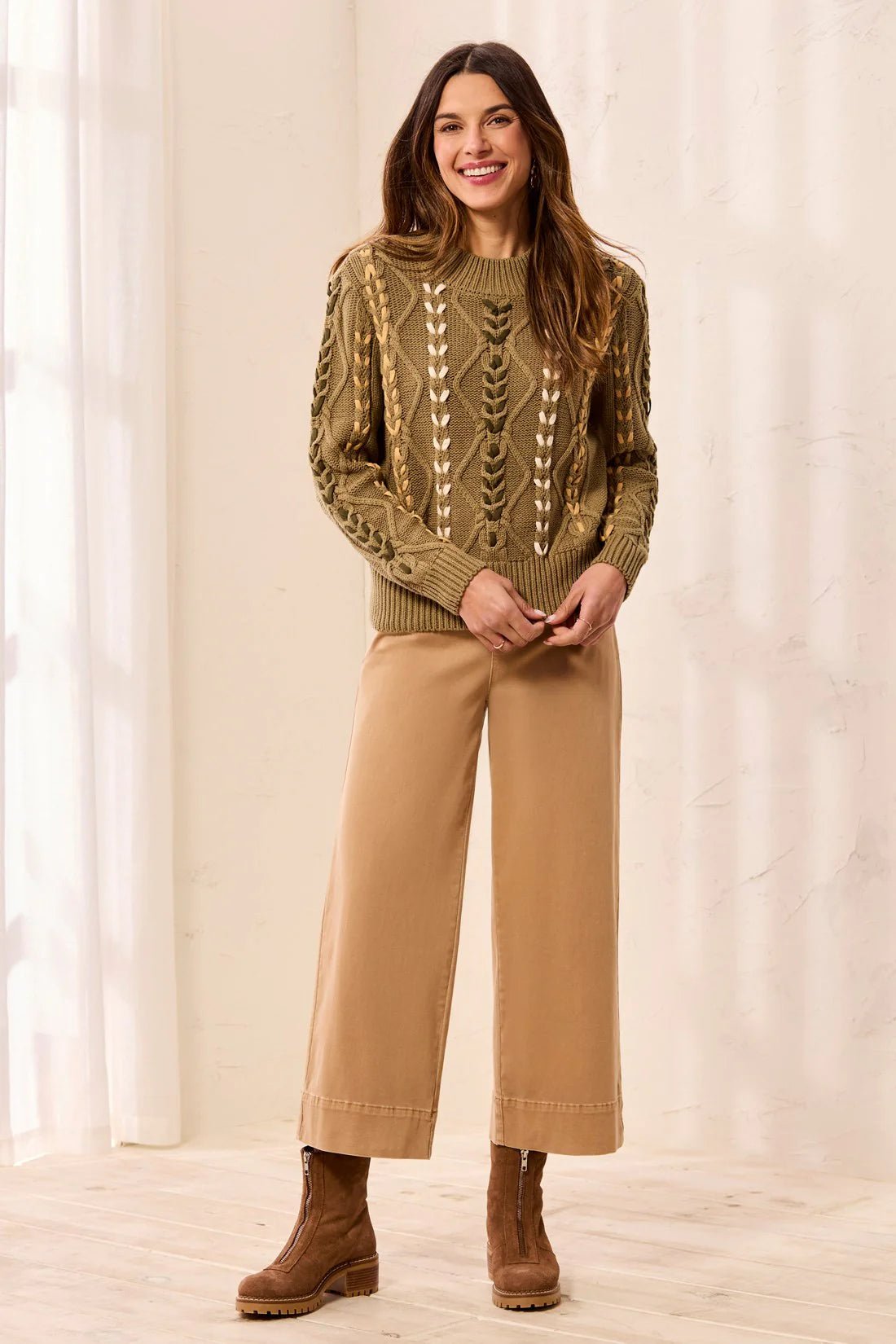 Tribal Contrast Lace-Up Cable Knit Crew Neck Sweater | Aloe - Juli's Wearable Art