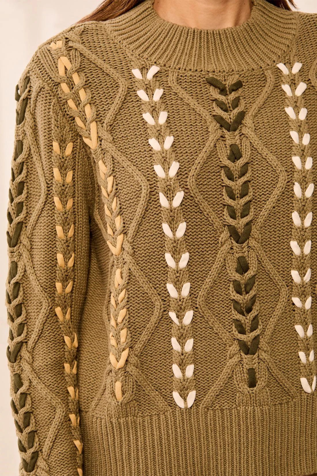 Tribal Contrast Lace-Up Cable Knit Crew Neck Sweater | Aloe - Juli's Wearable Art
