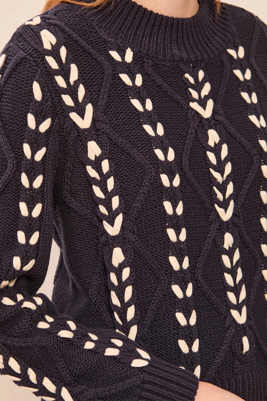 Tribal Contrast Lace-Up Cable Knit Crew Neck Sweater | Sapphire - Juli's Wearable Art