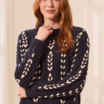 Tribal Contrast Lace-Up Cable Knit Crew Neck Sweater | Sapphire - Juli's Wearable Art