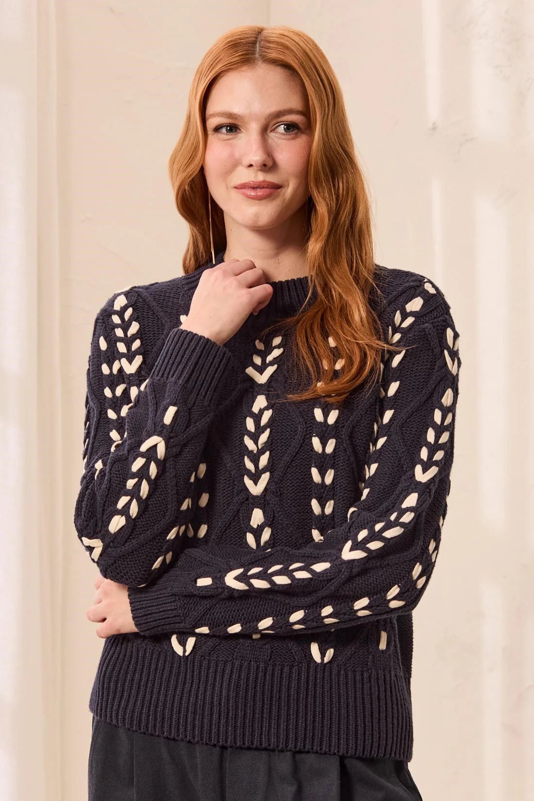 Tribal Contrast Lace-Up Cable Knit Crew Neck Sweater | Sapphire