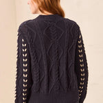 Tribal Contrast Lace-Up Cable Knit Crew Neck Sweater | Sapphire - Juli's Wearable Art