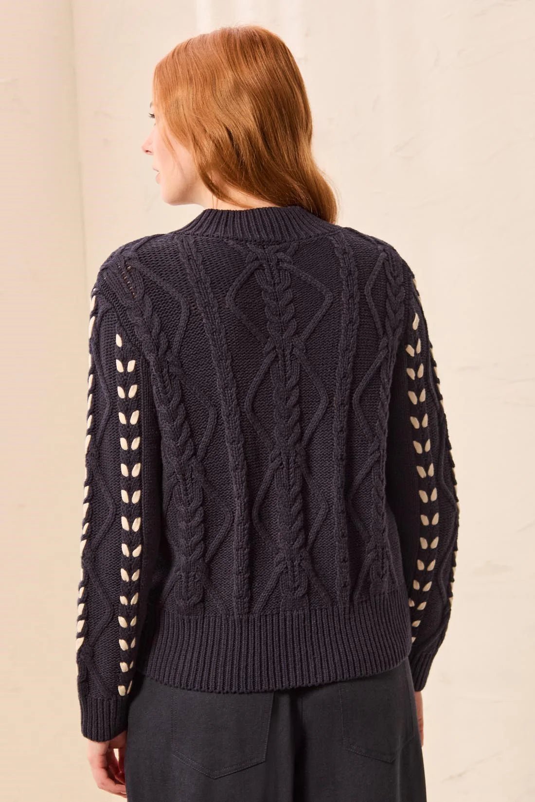 Tribal Contrast Lace-Up Cable Knit Crew Neck Sweater | Sapphire - Juli's Wearable Art