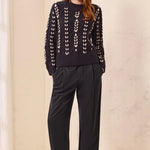Tribal Contrast Lace-Up Cable Knit Crew Neck Sweater | Sapphire - Juli's Wearable Art