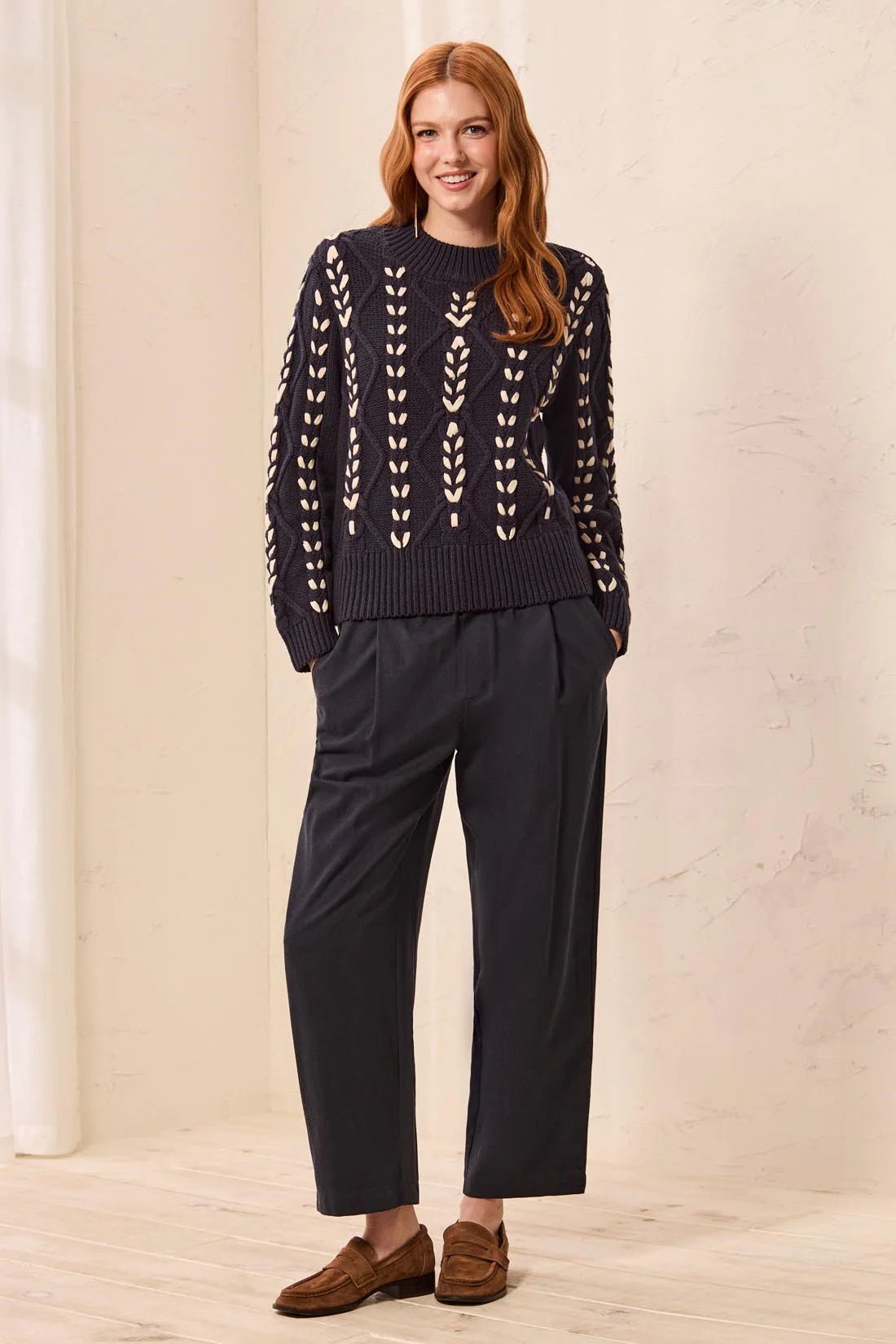 Tribal Contrast Lace-Up Cable Knit Crew Neck Sweater | Sapphire