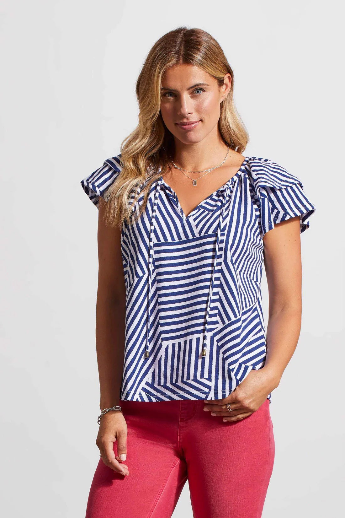 TRIBAL COTTON CAP-SLEEVE PEASANT TOP WITH TIES