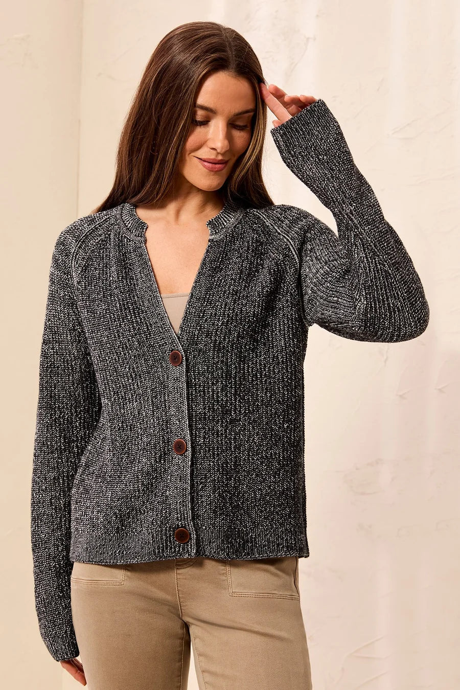 Tribal Cotton Marbled Notch Neck Button Cardigan | Black