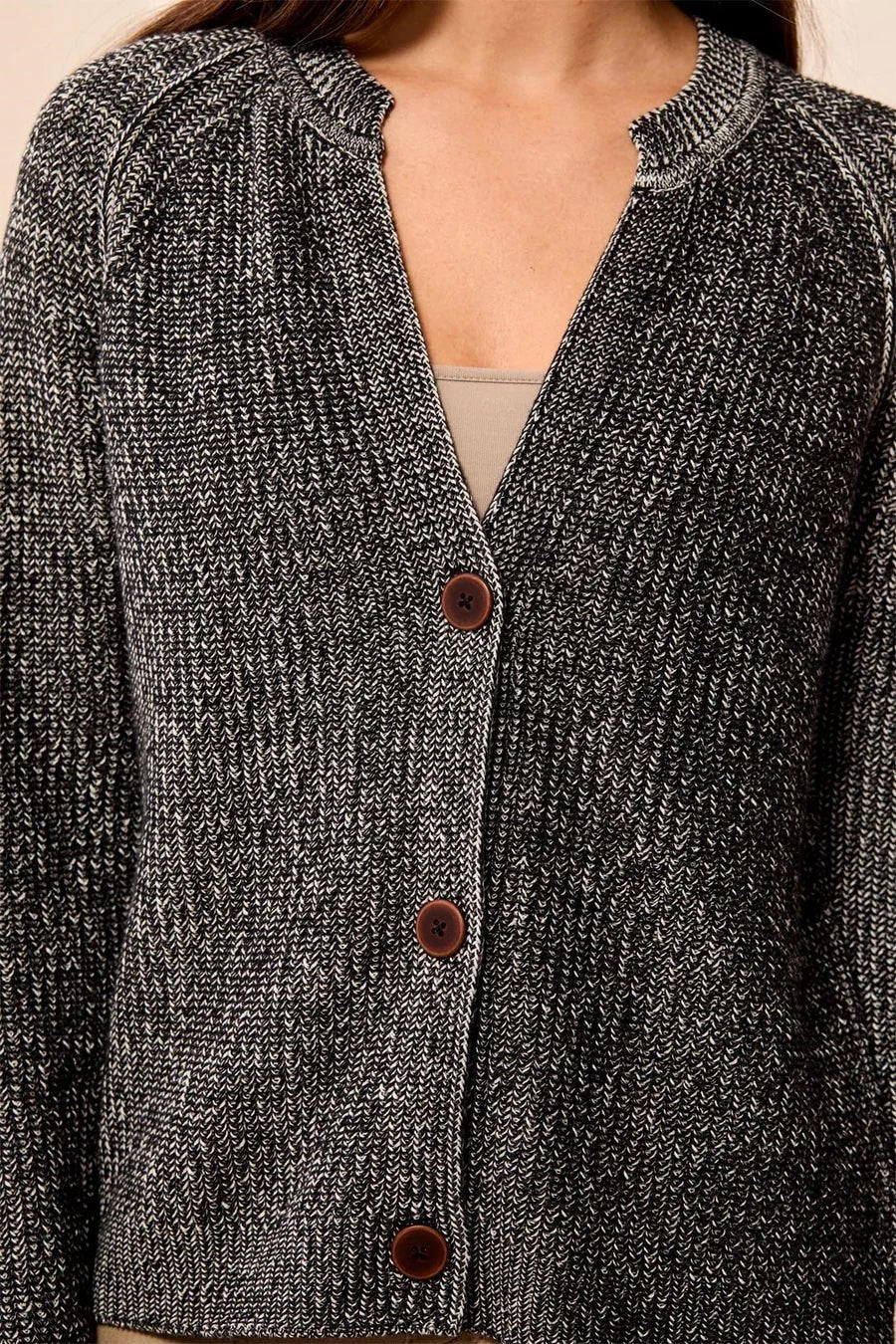 Tribal Cotton Marbled Notch Neck Button Cardigan | Black